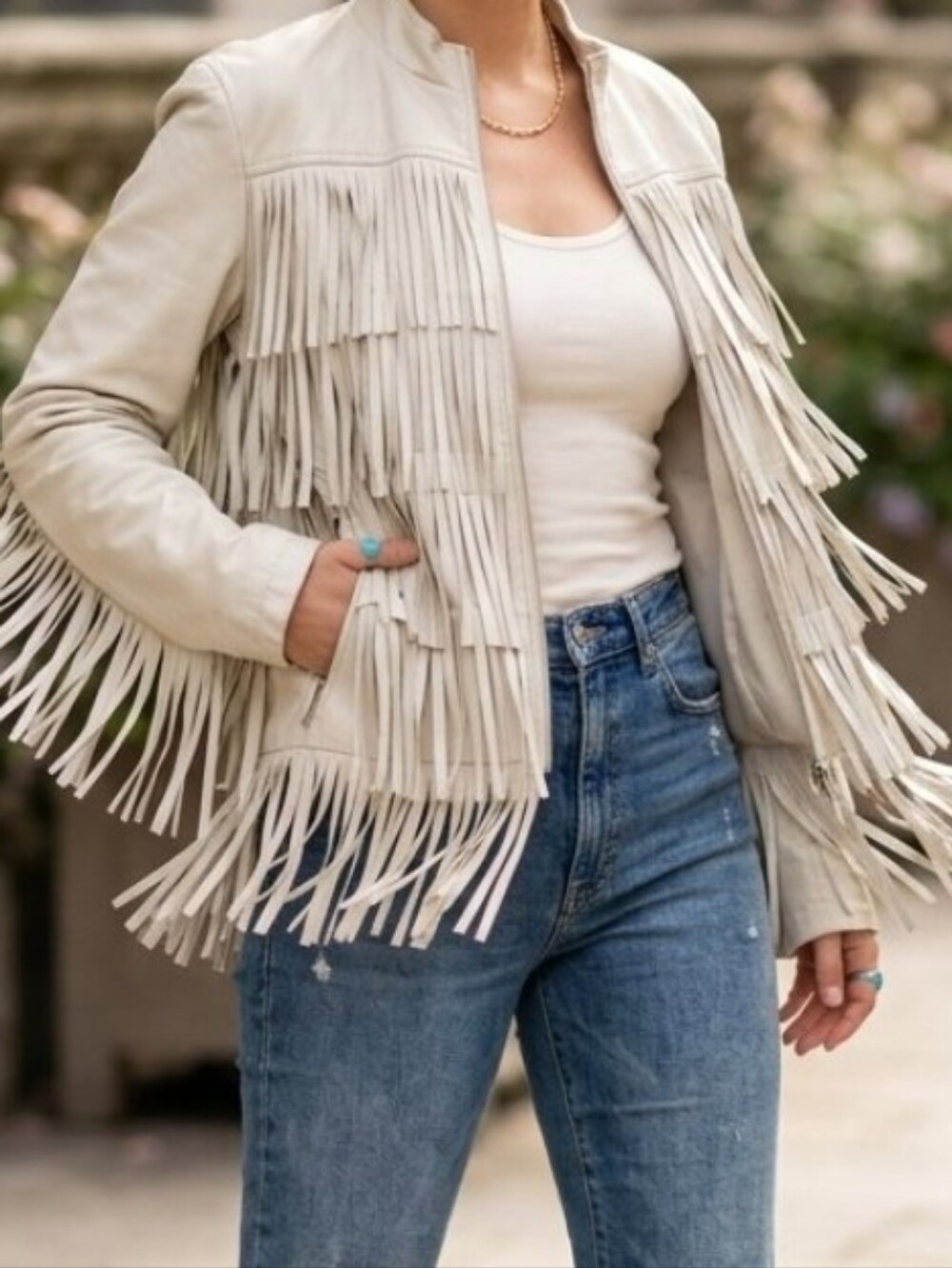 Boston Proper Cream Fringed Faux Leather Jacket - Large